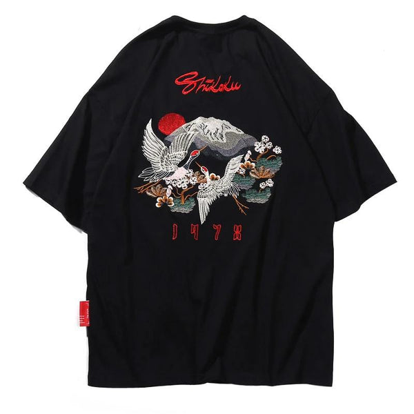 Embroidery Japanese Ukiyo-e Crane Flowers T-Shirt